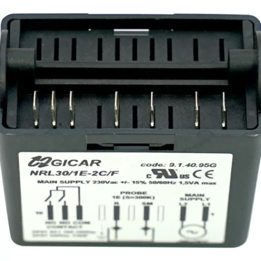 The Elektra 00189035 Level Control (230V) is a black electronic component with metal connector pins and a white label, used in 1 Group Deliziosa Levetta machines (up to 2009) and 2 Group Compact Levetta machines (up to 2008). © 2025 1st-line.com