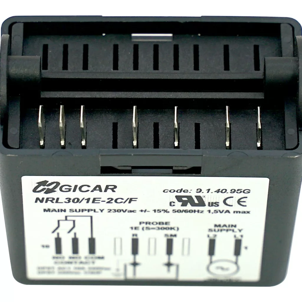 The Elektra 00189035 Level Control (230V) is a black electronic component with metal connector pins and a white label, used in 1 Group Deliziosa Levetta machines (up to 2009) and 2 Group Compact Levetta machines (up to 2008). © 2025 1st-line.com