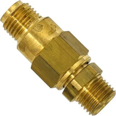 The Elektra 00330034 Retention Valve is a brass gas regulator check valve with two hex nuts and threaded male ends, designed for secure pipe connections and precise gas flow control. © 2025 1st-line.com