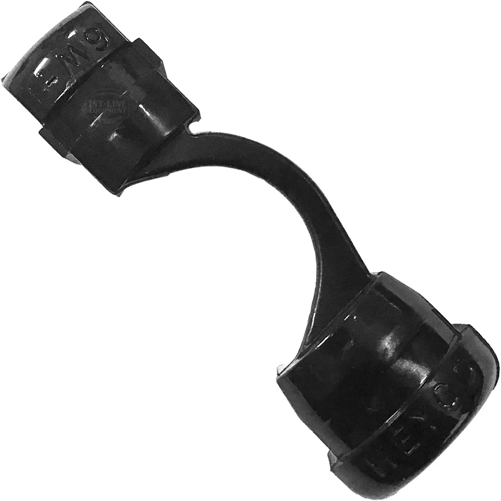 The Elektra 00371035 Cord/Cable Fastener is a black plastic cap with two ends linked by a curved flexible strip, perfect for securing cords or cables. Shown on a white background. © 2025 1st-line.com