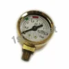 The Elektra 00398035 Brass Pressure Gauge is round, shows 0–4 bar with green, yellow, and red zones, has a bottom threaded connector, and its needle currently points to about 0.5 bar. © 2025 1st-line.com