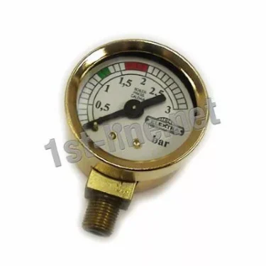 The Elektra 00398035 Brass Pressure Gauge is round, shows 0–4 bar with green, yellow, and red zones, has a bottom threaded connector, and its needle currently points to about 0.5 bar. © 2025 1st-line.com