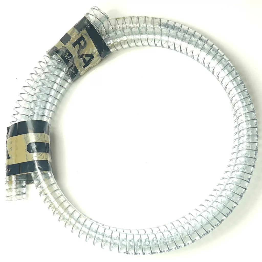 The Elektra 00450035 Drain Hose is a coiled, flexible metal hose with a shiny, ribbed surface, secured by two Elektra-labeled bands and displayed on a white background. © 2025 1st-line.com