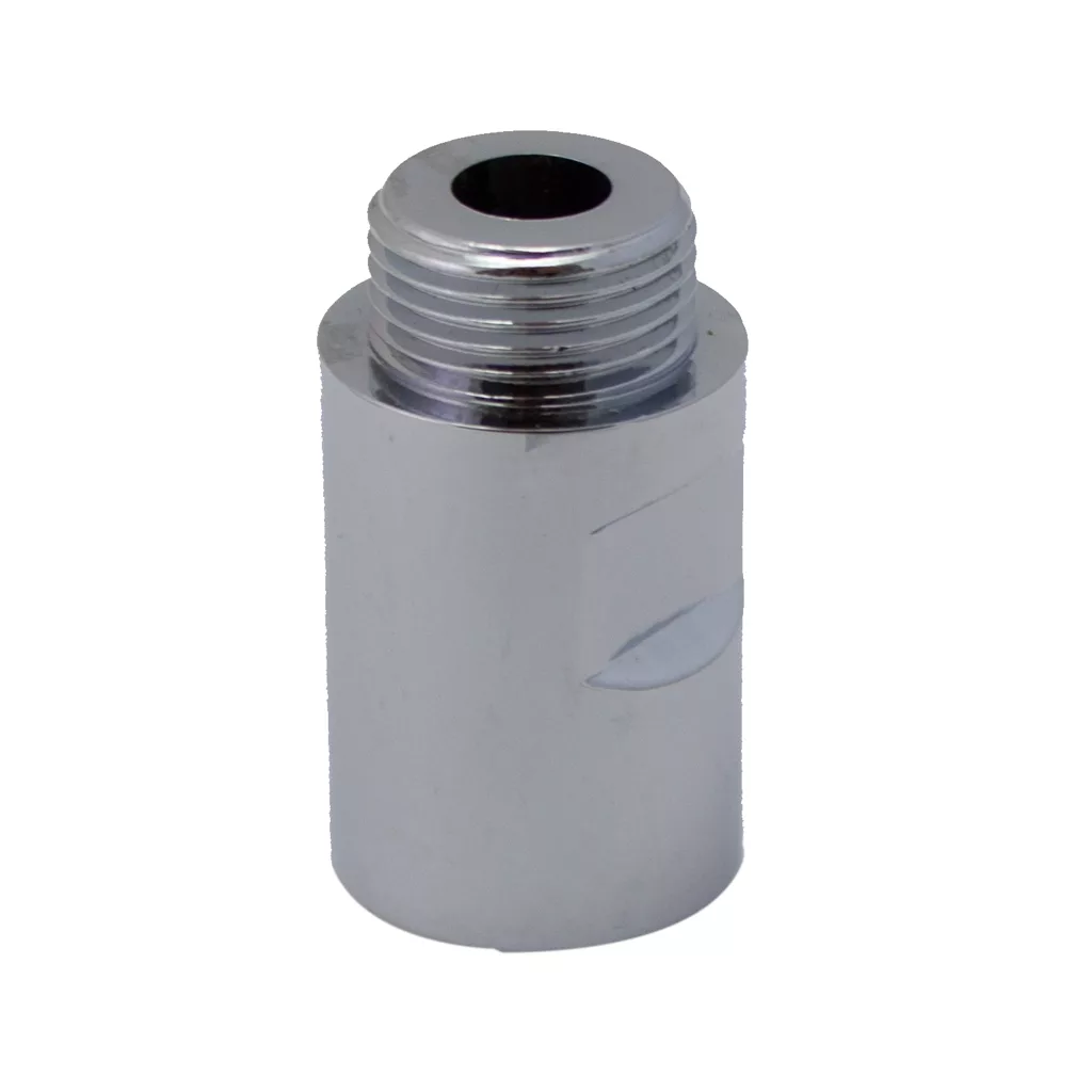 The Elektra 00526021 Spacer for Portafilter is a shiny, cylindrical metal part with threaded top and smooth lower section, designed for connecting portafilter components. © 2025 1st-line.com