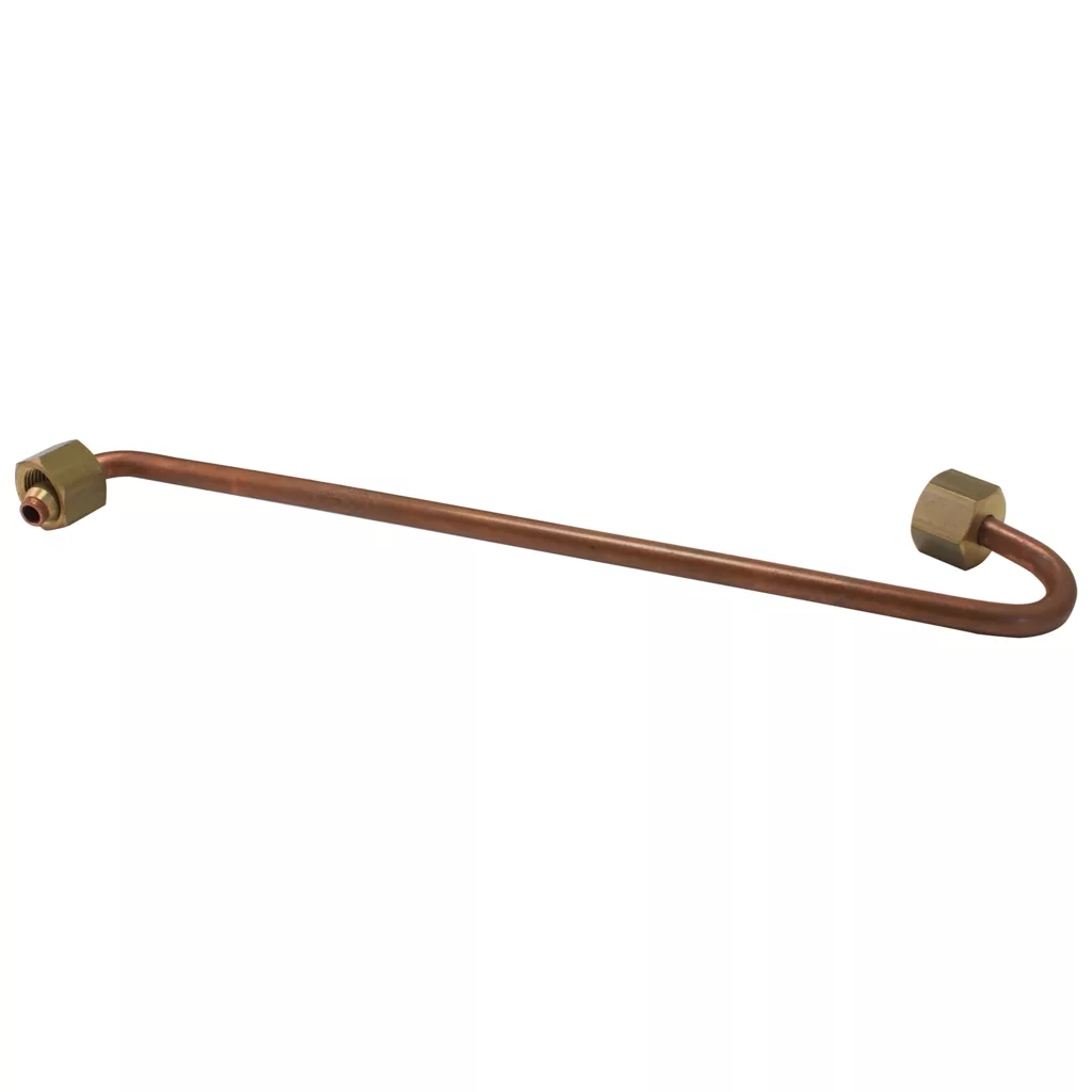 The Elektra 00534014 Pipe from Boiler to Hot Water Valve features brass compression fittings on both ends, one end slightly bent at a right angle, ideal for boiler or hot water valve connections, isolated on a white background. © 2025 1st-line.com
