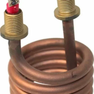 The Elektra 00710035 Heating Element is a 1000W, 110V unit with a copper coil, two vertical metal terminals, and red insulating caps, designed for reliable electrical heating applications. © 2025 1st-line.com
