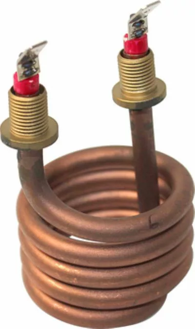 The Elektra 00710035 Heating Element is a 1000W, 110V unit with a copper coil, two vertical metal terminals, and red insulating caps, designed for reliable electrical heating applications. © 2025 1st-line.com