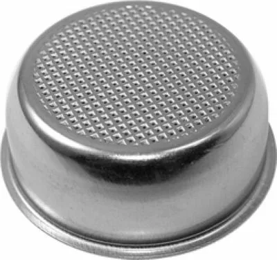 The Elektra 00721035 57mm 2-Cup Filter Basket for espresso machines is shown upside down, displaying its smooth round rim and a grid of small holes on its metal surface. © 2025 1st-line.com