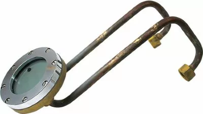 The Elektra 00895039 ROUND WATER GAUGE AND TUBING for ELEKTRA BARLUME 3 GROUP - CHROME - ASS.Y features a circular sight glass and tubing, allowing easy monitoring of water flow in espresso machine systems. © 2025 1st-line.com