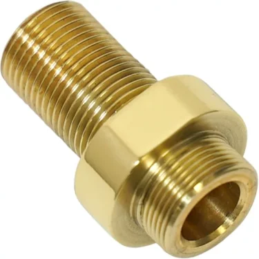 The Elektra 00954019 Valve Base is a brass fitting with dual external threads and a hex section for wrench tightening, designed for steam/water valve assemblies in Elektra commercial models. © 2025 1st-line.com