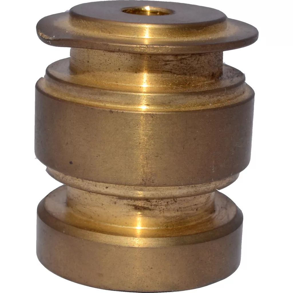 The Elektra 00969014 Grouphead Piston, a cylindrical brass part with grooves and ridges, displays some tarnish and wear in this photo taken against a white background. © 2025 1st-line.com