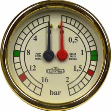 The Elektra 00985026 Dual Pressure Gauge- Yellow/Gold displays pump and boiler pressure from 0 to 16 bars with black and red needles, plus easy-to-read green and red zones for quick monitoring. © 2025 1st-line.com