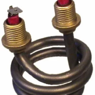 The Elektra 01193035 110V Heating Element is a metal immersion heater coil with two threaded brass terminals and red insulators, designed for heating liquids when submerged. © 2025 1st-line.com
