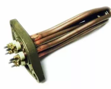 The Elektra 01196035 110V Boiler Heating Element features a copper body, metal flange, three bent tubular rods, and electrical connection terminals on one end. © 2025 1st-line.com