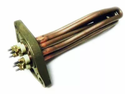The Elektra 01196035 110V Boiler Heating Element features a copper body, metal flange, three bent tubular rods, and electrical connection terminals on one end. © 2025 1st-line.com