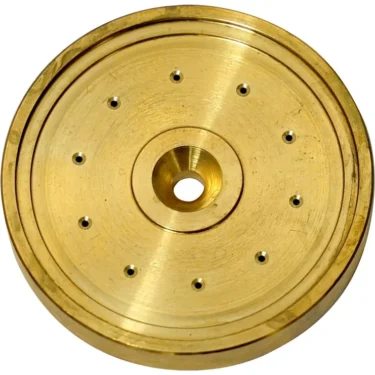 The Elektra 01252014 Grouphead Shower Holder is a circular brass disc with a polished finish, central hole, concentric grooves, and an evenly spaced ring of small holes. Its designed for compatibility with Elektra machines. © 2025 1st-line.com