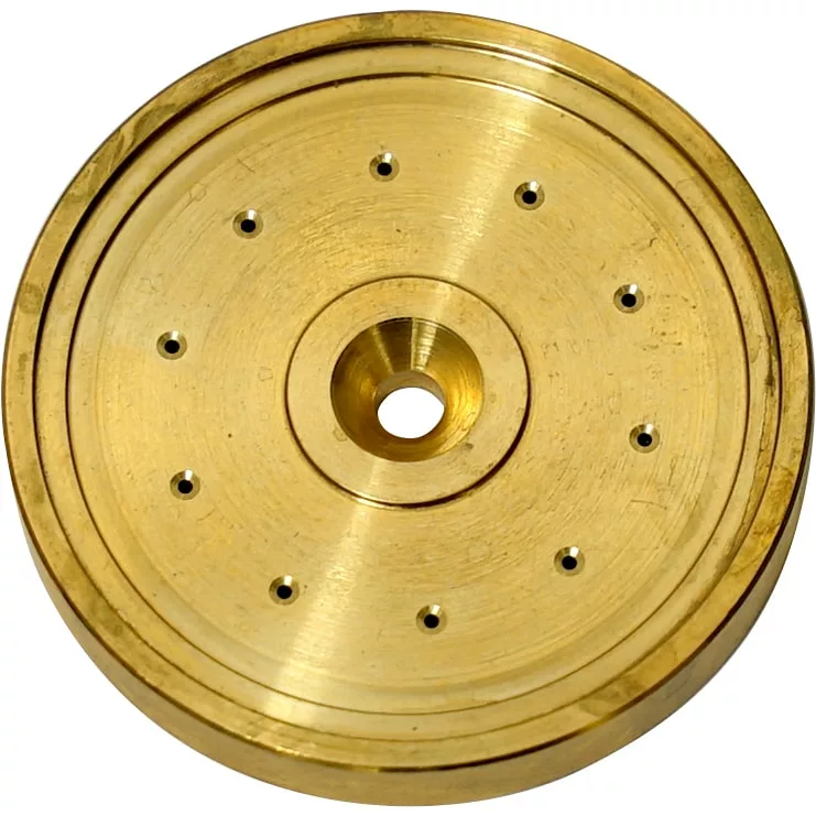 The Elektra 01252014 Grouphead Shower Holder is a circular brass disc with a polished finish, central hole, concentric grooves, and an evenly spaced ring of small holes. Its designed for compatibility with Elektra machines. © 2025 1st-line.com