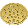 The Elektra 01354019 Brass Drip Tray Plate w/ extra hole is a round, gold-colored plate featuring evenly spaced circular holes in concentric circles, designed for compatibility with Elektra 01354019. © 2025 1st-line.com