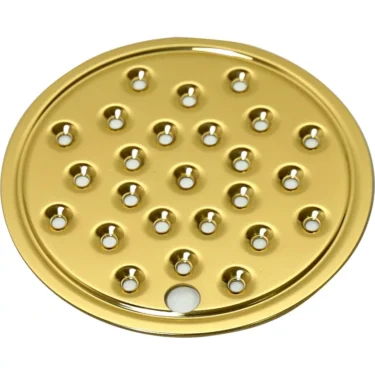 The Elektra 01354019 Brass Drip Tray Plate w/ extra hole is a round, gold-colored plate featuring evenly spaced circular holes in concentric circles, designed for compatibility with Elektra 01354019. © 2025 1st-line.com