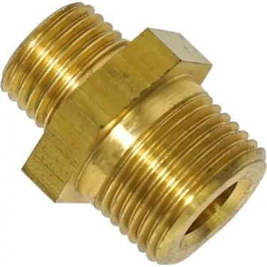 The Elektra 01506014 3/8-1/4 Brass Adapter features external threads on both ends and a hex center for easy tightening, making it ideal for precise fittings and compatible applications. © 2025 1st-line.com
