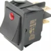 The Elektra 01603035 Black Power Switch features a red indicator light, angled to reveal prongs and connection terminals, with gold technical specs printed on the side. © 2025 1st-line.com