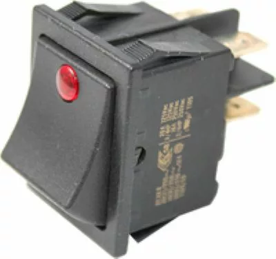 The Elektra 01603035 Black Power Switch features a red indicator light, angled to reveal prongs and connection terminals, with gold technical specs printed on the side. © 2025 1st-line.com