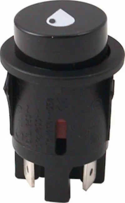 The Elektra 01606034 Water Refill Switch is a black, round switch with a white water droplet symbol on top and metal prongs at the base for secure electrical connections. © 2025 1st-line.com