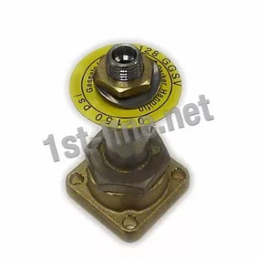 The Elektra 01615035 3-Way Solenoid Valve Pilot is brass with a yellow circular label showing pilot specs in black text, mounted on a square metal base with four screw holes. © 2025 1st-line.com