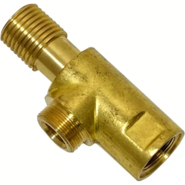 The Elektra 01891014 Valve Body is a brass fitting with three threaded openings for modern/gold espresso machines, designed to connect pipes or hoses at right angles. © 2025 1st-line.com