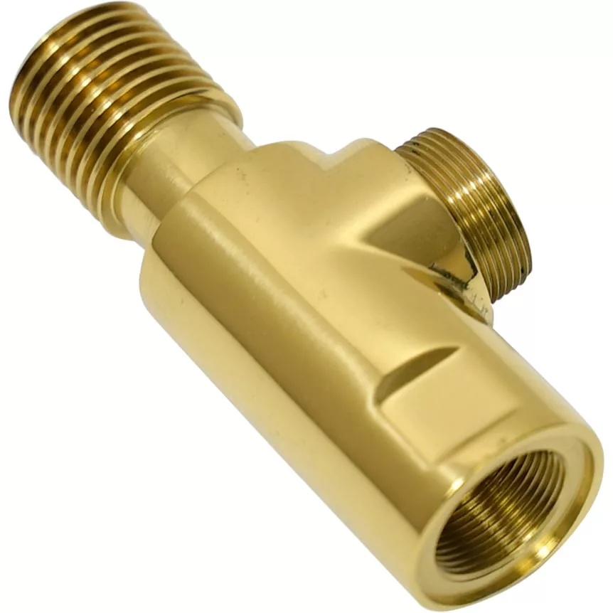 The Elektra 01891019 Valve Body is a brass component for steam/water valve assemblies, compatible with most Elektra commercial models. It features a polished, gold-colored finish for connecting pipes or fixtures in plumbing systems. © 2025 1st-line.com