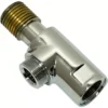 The Elektra 01891021 Chrome Steam/Water Valve Body features two silver threaded ends and one brass threaded end, ideal for connecting pipes or hoses at a right angle. © 2025 1st-line.com