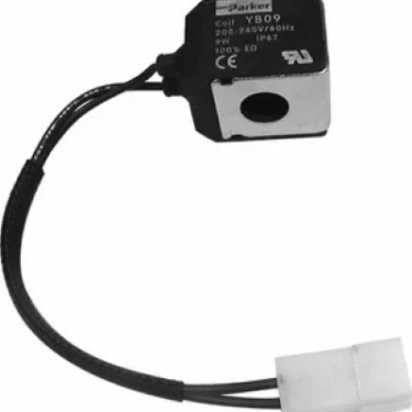 The Elektra 01950059 Solenoid Valve Coil is black and silver with a label showing specs and certification marks. It features two black wires and a white plastic connector at the end. © 2025 1st-line.com
