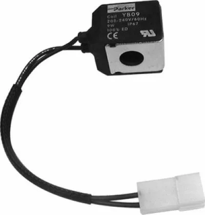 The Elektra 01950059 Solenoid Valve Coil is black and silver with a label showing specs and certification marks. It features two black wires and a white plastic connector at the end. © 2025 1st-line.com