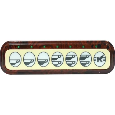The Elektra 01955034 Brierwood Control Box - 230V features a rectangular indicator panel with seven circular coffee cup icons, the last bearing a K symbol, each topped by green lights for status indication. © 2025 1st-line.com