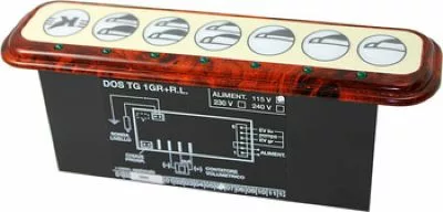 The Elektra 01956034 110V 7 Dose Brierwood Control Box features seven labeled black-and-white circular buttons and a visible wiring and voltage info diagram on the side. © 2025 1st-line.com