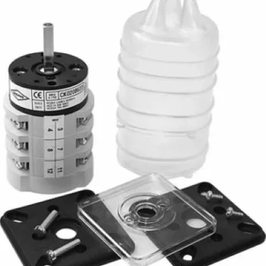 The Elektra 02020035 On/Off Switch 0/1/2 for Classic/Belle Epoque is shown with a shaft, clear cover, black mounting plate and screws, plus a translucent plastic cap, all set against a white background. © 2025 1st-line.com