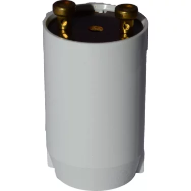 The Elektra 02023035 Light Starter Switch/Fuse for Barlume is a cylindrical, white device with two brass terminals on top, designed to help start fluorescent tube lights. © 2025 1st-line.com