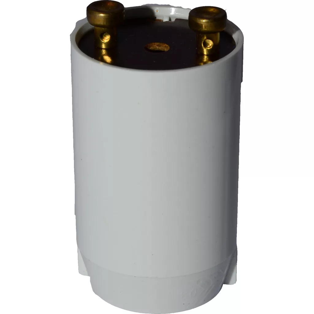 The Elektra 02023035 Light Starter Switch/Fuse for Barlume is a cylindrical, white device with two brass terminals on top, designed to help start fluorescent tube lights. © 2025 1st-line.com