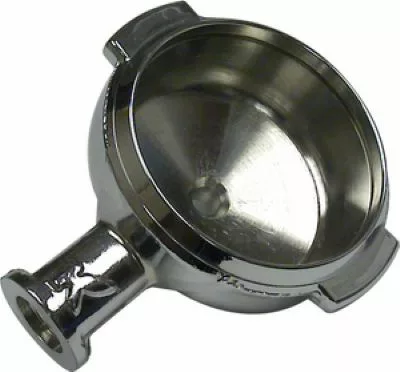 The Elektra 02152021 Portafilter Head, made of shiny metal and cup-shaped with a handle, fits perfectly into your espresso machine to hold coffee grounds. © 2025 1st-line.com