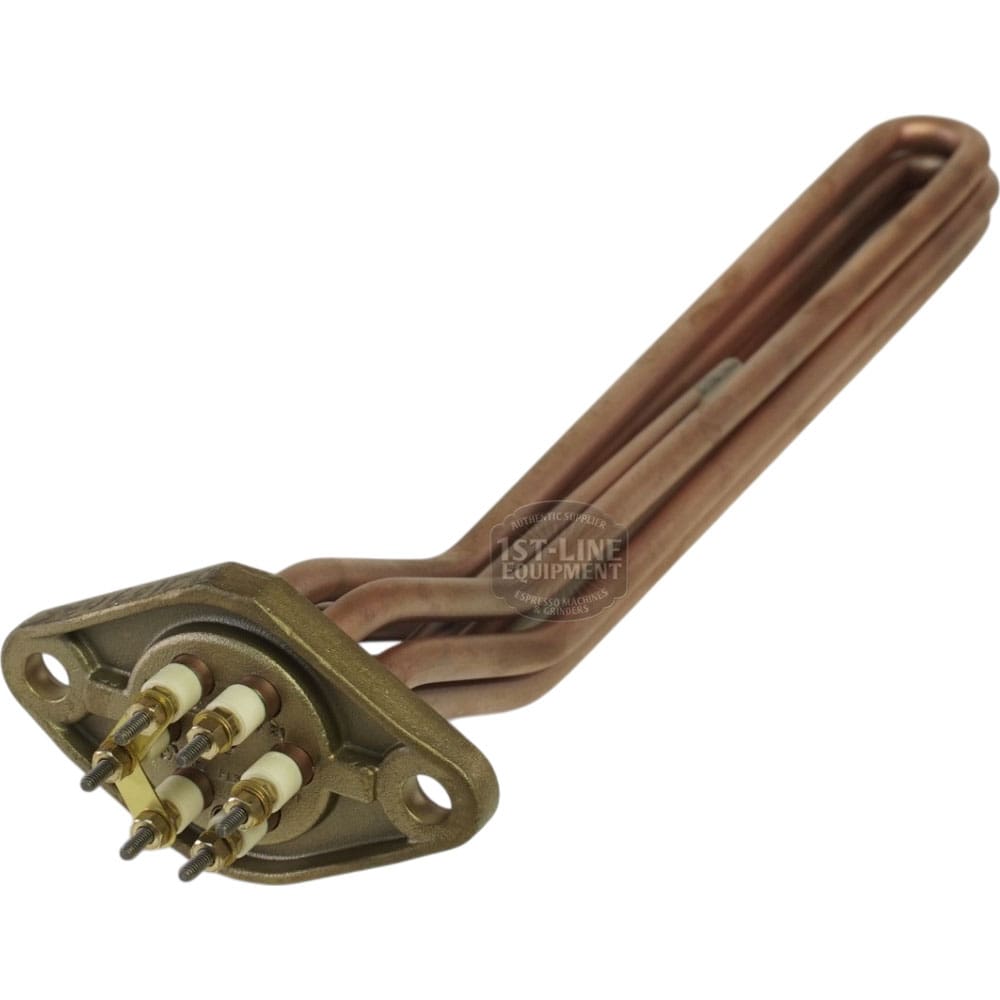 The Elektra 02159035 Heating Element, 3500 watts (220-400V), features a copper tubular design, metal mounting plate, and three electrical terminals. Commonly used in Elektra water heaters or espresso machines. © 2025 1st-line.com