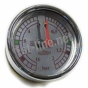 The Elektra 02218035 Dual Pressure Gauge—Chrome/Chrome features a round dial marked from 0 to 2.5 bar with green, red, and white sections; its needle is just above 0.5 bar. ELEKTRA and 02218035 are labeled on the face. © 2025 1st-line.com