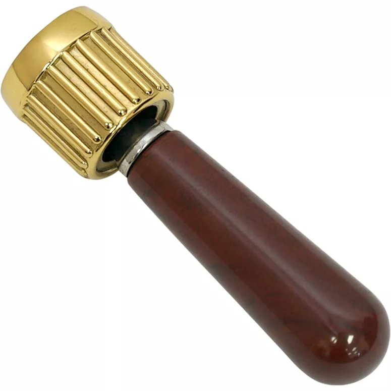 The Elektra 02260038 Lever Assembly for Steam/Water Valve Assembly features a gold-toned head with vertical grooves and a polished dark brown wooden handle, inspired by classic gavel designs. © 2025 1st-line.com