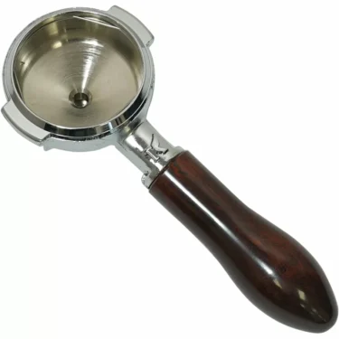 The Elektra 02281039 58mm Dual Spout Portafilter features a round basket and dark brown wooden handle, shown on a white background. Suitable as an Elektra portafilter or replacement for model 02281039. © 2025 1st-line.com