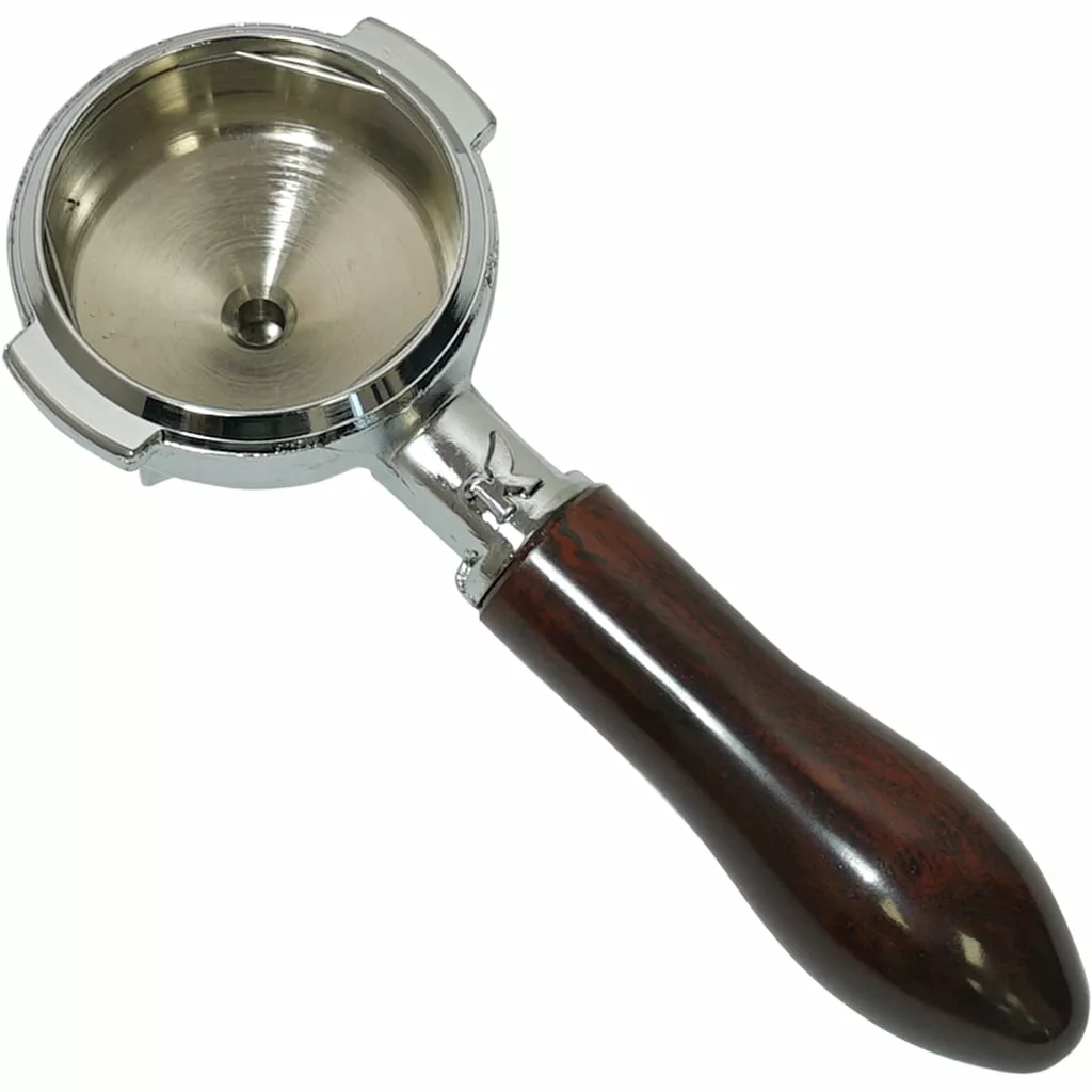 The Elektra 02281039 58mm Dual Spout Portafilter features a round basket and dark brown wooden handle, shown on a white background. Suitable as an Elektra portafilter or replacement for model 02281039. © 2025 1st-line.com