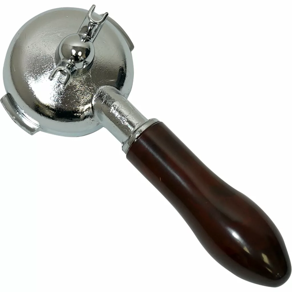 The Elektra 02281039 58mm Dual Spout Portafilter features a shiny silver head and a dark brown wooden handle, ideal for making espresso coffee. © 2025 1st-line.com