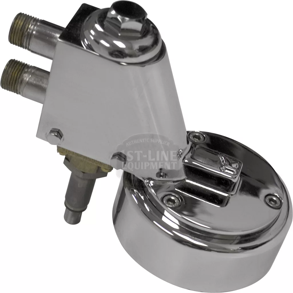 The Elektra 02285039 NEW Chrome Grouphead/Delivery Unit Assembly for espresso machines features two inlet pipes and a lever mechanism, shown angled on a white background. © 2025 1st-line.com