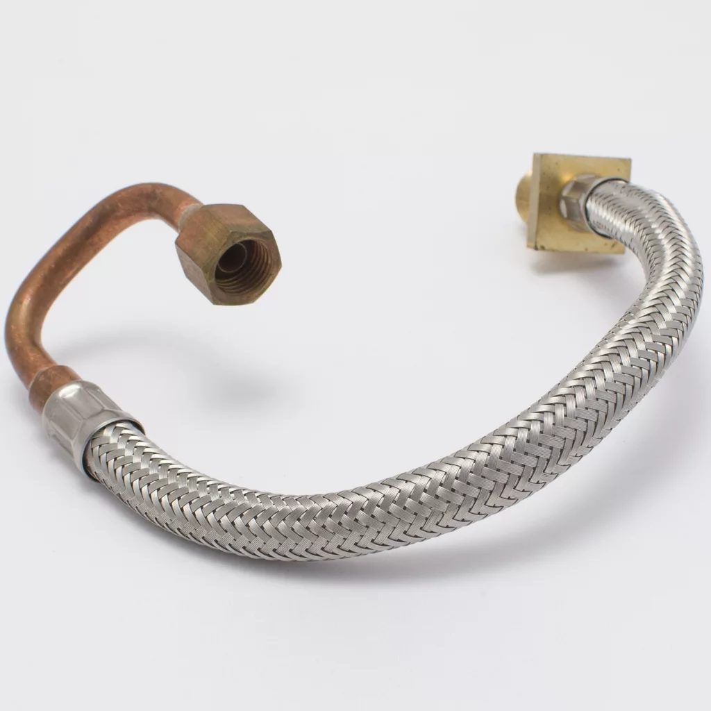 The Elektra 02357014 PIPE FLEX IN/ASPIRATION is a flexible, metal-braided hose with a copper pipe end and brass fittings for plumbing or industrial use, shown on a white background. © 2025 1st-line.com