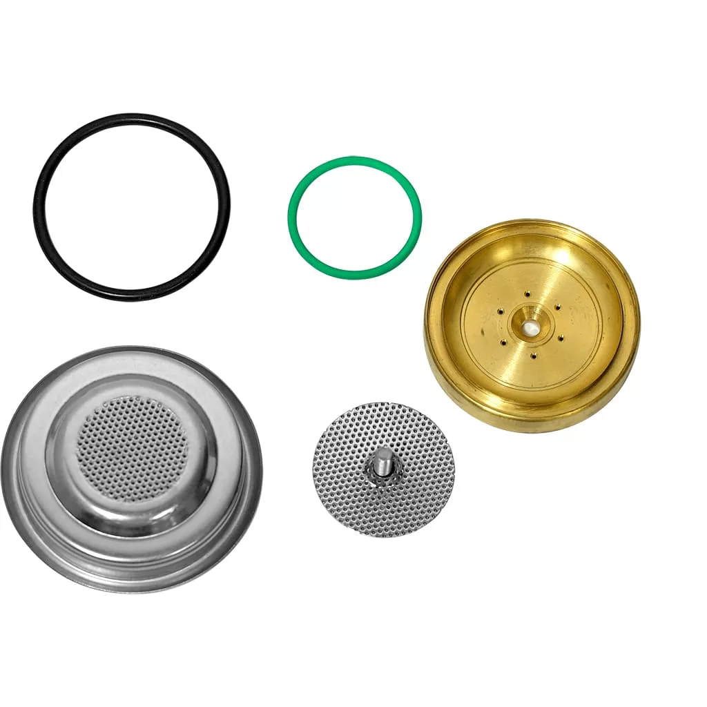 The Elektra 02367034 E.S.E. Single Pod Kit includes two O-rings (black and green), a brass disk, a metal filter basket, and a small shower screen, all displayed on a white background. © 2025 1st-line.com