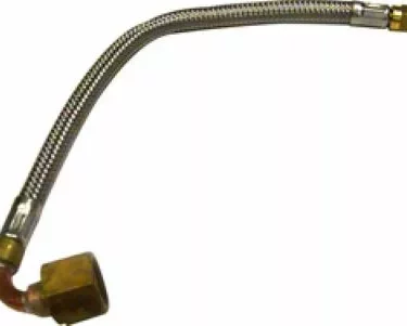 The Elektra 02627014 Flex Pipe features flexible metal braiding and brass fittings, including a large angled end, for connecting low heat exchange to a flowmeter—perfect for plumbing or industrial applications. © 2025 1st-line.com