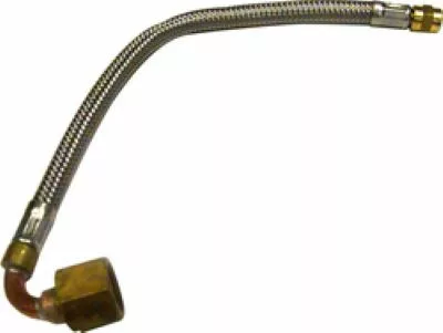The Elektra 02627014 Flex Pipe features flexible metal braiding and brass fittings, including a large angled end, for connecting low heat exchange to a flowmeter—perfect for plumbing or industrial applications. © 2025 1st-line.com
